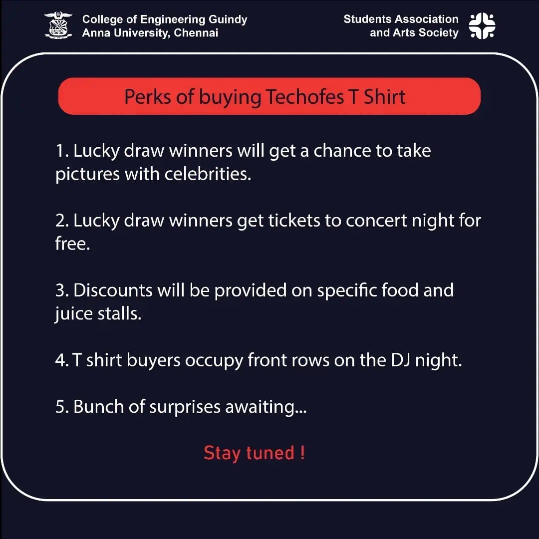 saas_ceg's tweet photo. Let's show the strength of  Anna University with all of us in same T Shirt on Day 4 of TECHOFES 2022.

Open to ACT, SAP,CEG, MIT ! 

Get it for as low as rupees 150 !

Register your TECHOFES'75 tshirt now to get exciting perks and enjoy the full techofes experience. https://t.co/VLEETNjTiL