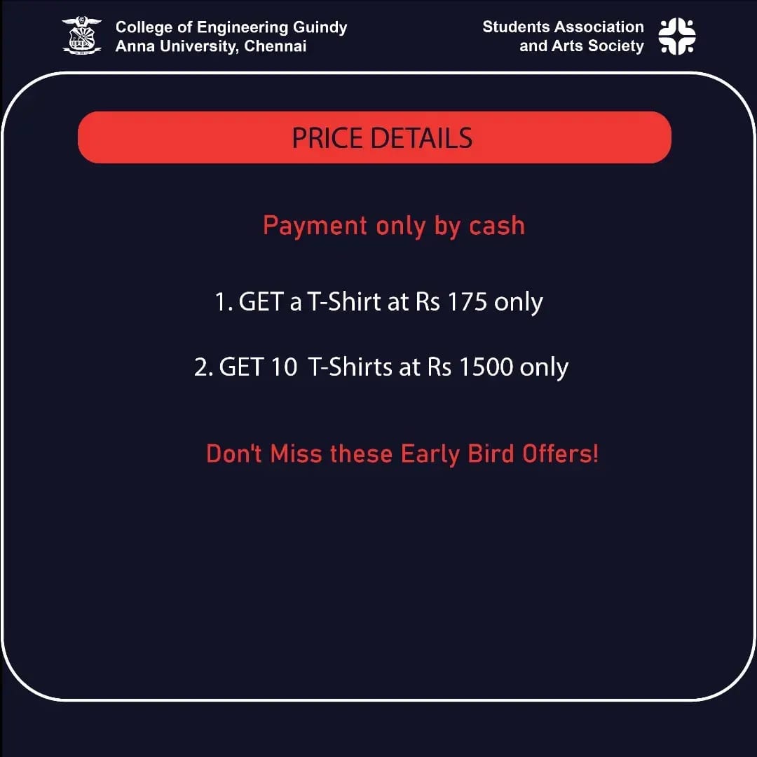 saas_ceg's tweet photo. Let's show the strength of  Anna University with all of us in same T Shirt on Day 4 of TECHOFES 2022.

Open to ACT, SAP,CEG, MIT ! 

Get it for as low as rupees 150 !

Register your TECHOFES'75 tshirt now to get exciting perks and enjoy the full techofes experience. https://t.co/VLEETNjTiL