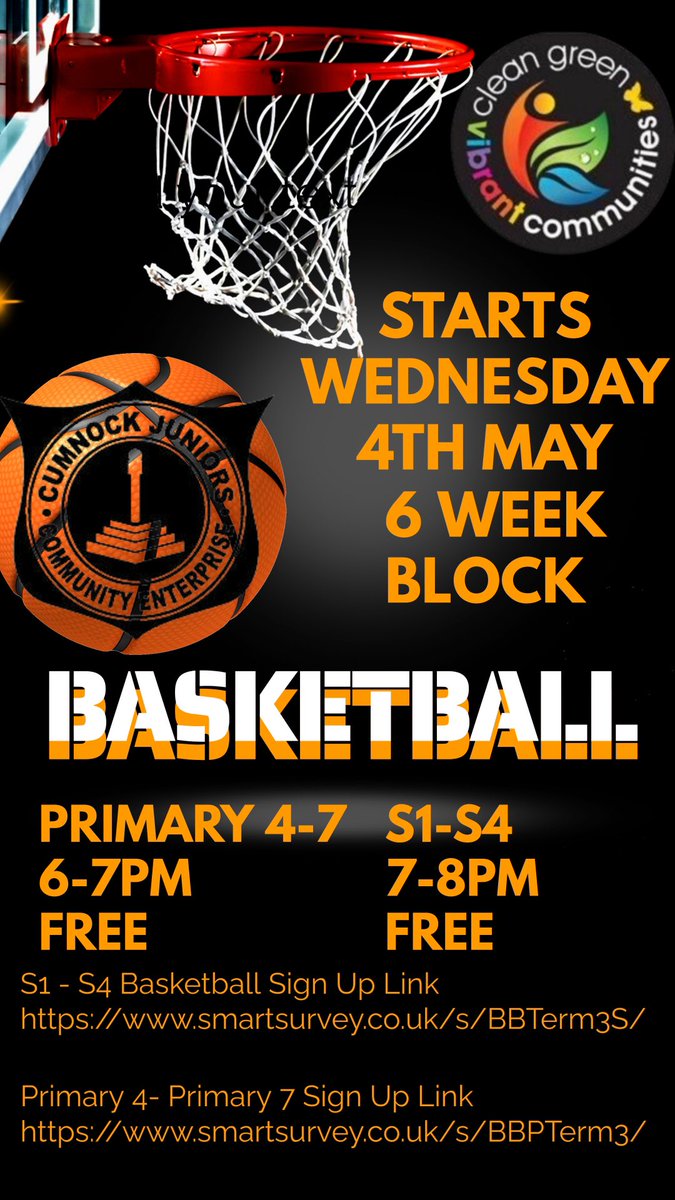 CJCE (@cjcenterprise) on Twitter photo NEW BASKETBALL CLASS STARTING ON WEDNESDAY !
In partnership with <a href="/ActiveSchoolsEA/">EAC Active Schools</a> we are able to provide FREE Basketball sessions for children in P4-S4
Sign up using the links down below !!
Primary 4-7
smartsurvey.co.uk/s/BBPTerm3/
S1-S4
smartsurvey.co.uk/s/BBTerm3S/ NEW BASKETBALL CLASS STARTING ON WEDNESDAY !
In partnership with <a href="/ActiveSchoolsEA/">EAC Active Schools</a> we are able to provide FREE Basketball sessions for children in P4-S4
Sign up using the links down below !!
Primary 4-7
smartsurvey.co.uk/s/BBPTerm3/
S1-S4
smartsurvey.co.uk/s/BBTerm3S/