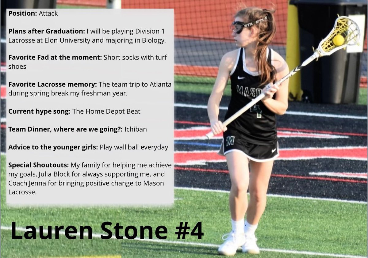 GirlsMHSLax's tweet photo. Your #SeniorSpotlight today is captain Lauren Stone! Lauren is a stealthy attacker with a great awareness from behind the cage! She’s quick, got a wicked shot, &amp; such a great leader! Lauren leads by example every day and is always hustling, we’regrateful to have her on our team! https://t.co/rvbihx5N9F