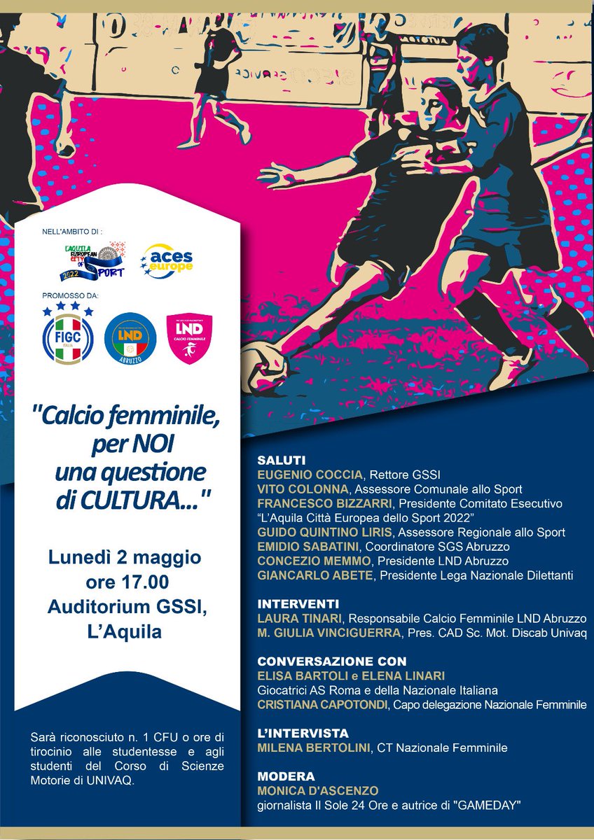 Da quanti giorni importanti è fatta una stagione sportiva? Tanti, ogni evento è importante perché è unico, domani sarà per tutte e tutti noi un’esperienza formativa. 
Con Bertolini, Capotondi, Linari e Bartoli parleremo di #calciofemminile e #cultura. Modererà <a href="/Monica_Dascenzo/">Monica D'Ascenzo</a>.