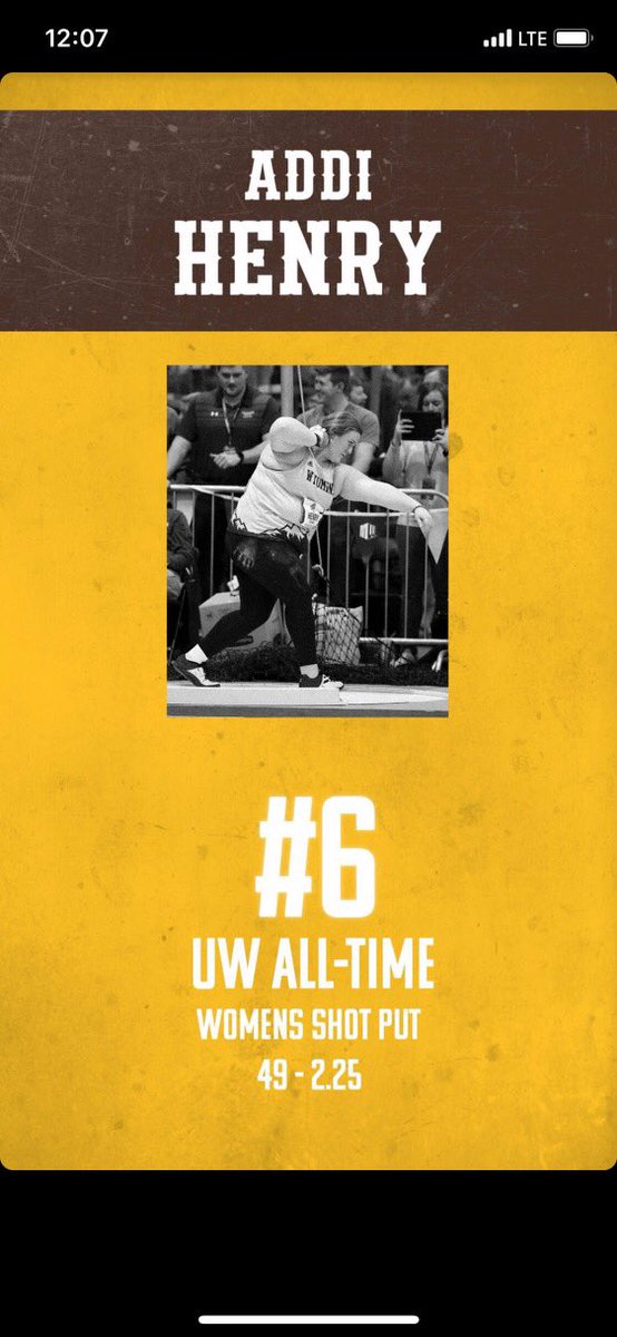 KimHenryLCPS's tweet image. Addi K. Henry is still leaving her mark on her last ride as a Wyoming Cowboy🤠
—————————————-
Fresno California Track Meet
Henry earned a 6th place with a PB of 49-2.25 &amp;amp;  moves into 6th all time in program history (was 9th).  @raiderthrows @markyz99 
#LastRide
#SmallTownBigDream