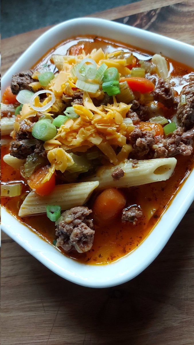 InkedDeviant's tweet photo. Simple Hamburger Soup Today.
Topped With Sharp Cheddar &amp; Spring Onion.

#kitchenshenanigans https://t.co/XUofX7BgCQ