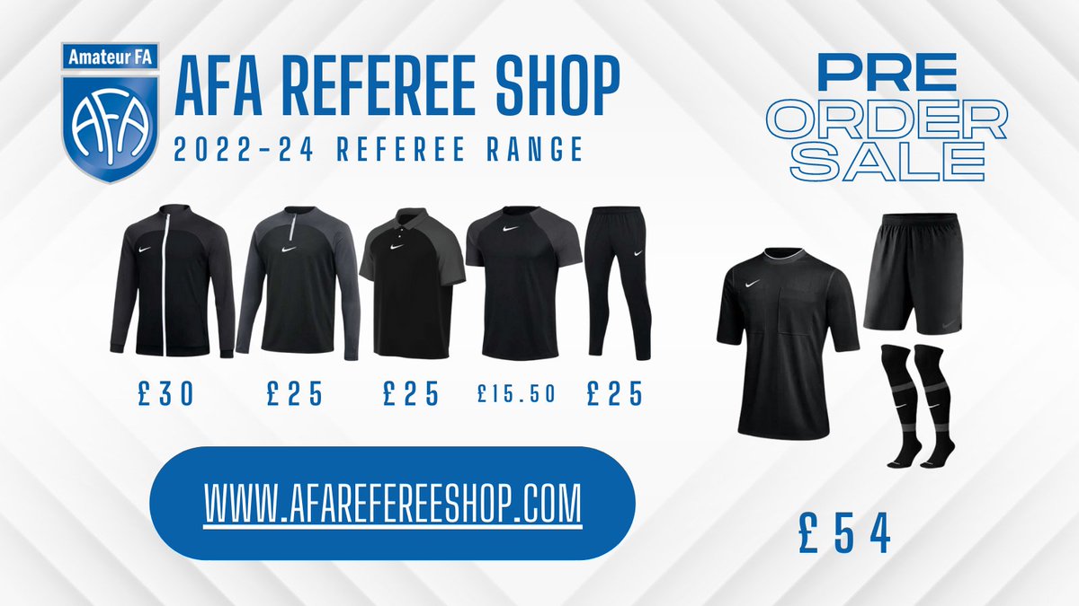 Amateur FA ⚽️ (@amateurfa) on Twitter photo The <a href="/AmateurFA/">Amateur FA ⚽️</a> Referee Shop is now taking pre-orders for the new Nike 2022-24 Referee Range.
Pre-Order yours now
🔗bit.ly/3LzdhLJ The <a href="/AmateurFA/">Amateur FA ⚽️</a> Referee Shop is now taking pre-orders for the new Nike 2022-24 Referee Range.
Pre-Order yours now
🔗bit.ly/3LzdhLJ