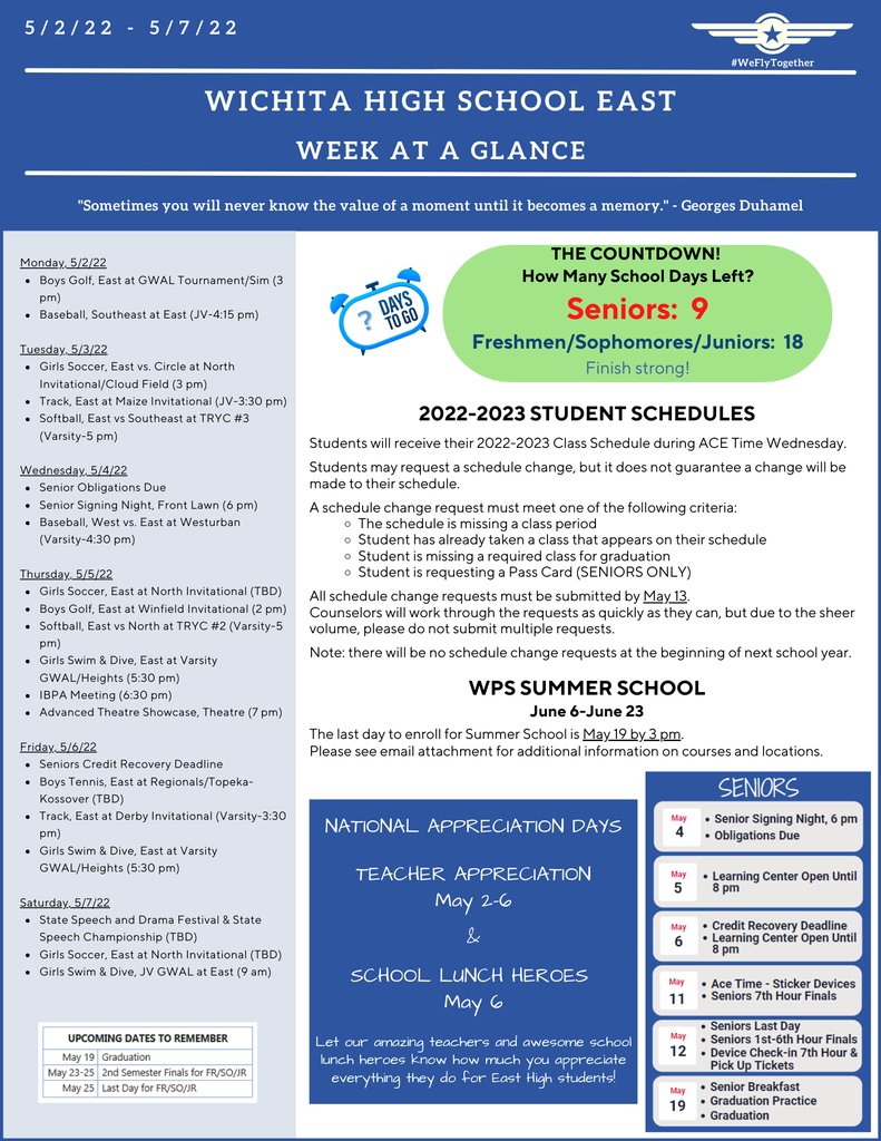 EastHighAces's tweet photo. ACES,
Check your email for the Week-at-a-Glance and upcoming events and activities, including 2022-2023 class schedule information. Also see the WPS Safety Services Newsletter.

#WeFlyTogether https://t.co/EQERBr1ViQ