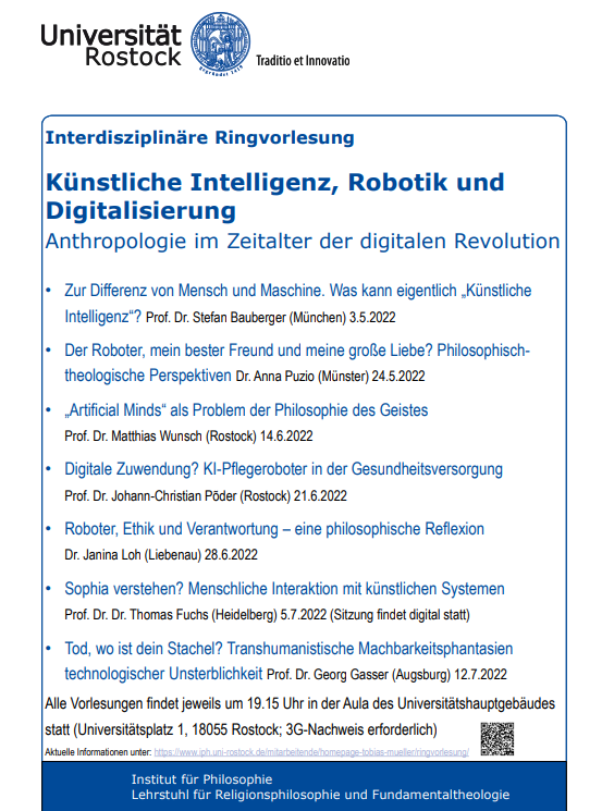 Am 3. Mai 2022 um 19:15 Uhr (Aula im Universitätshauptgebäude) beginnt an der Universität Rostock eine interdisziplinäre Ringvorlesung zu philosophischen Fragen des digitalen Zeitalters.