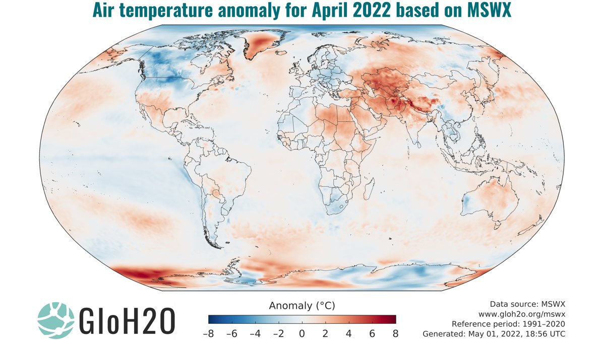 The global average air temperature for April 2022 was 0.29 °C above the 1991–2020 average