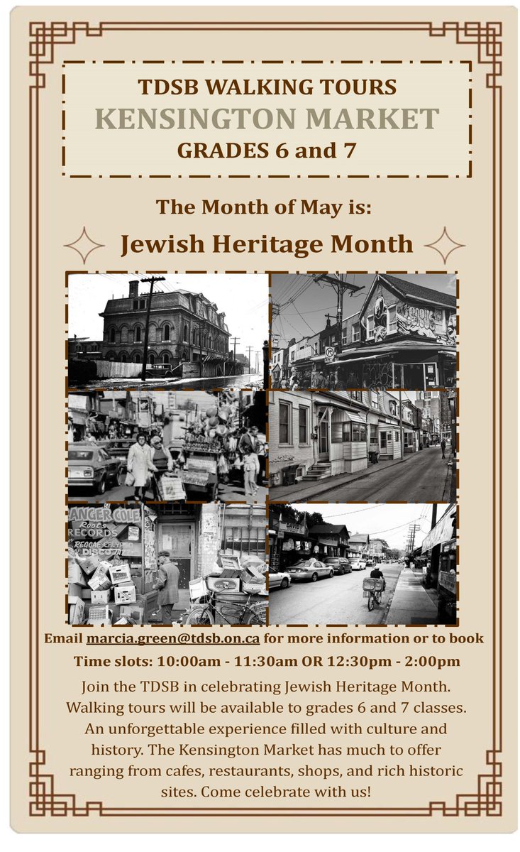 shelleylaskin's tweet image. May is Jewish Heritage Month @tdsb @TDSB_JH -  TDSB’s Jewish Heritage Committee &amp;amp; the Ontario Jewish Archives are offering a lively and historical guided walking tour of Kensington Market to Grade 6 and 7 TDSB students. More info on JHC website sites.google.com/tdsb.on.ca/tds…