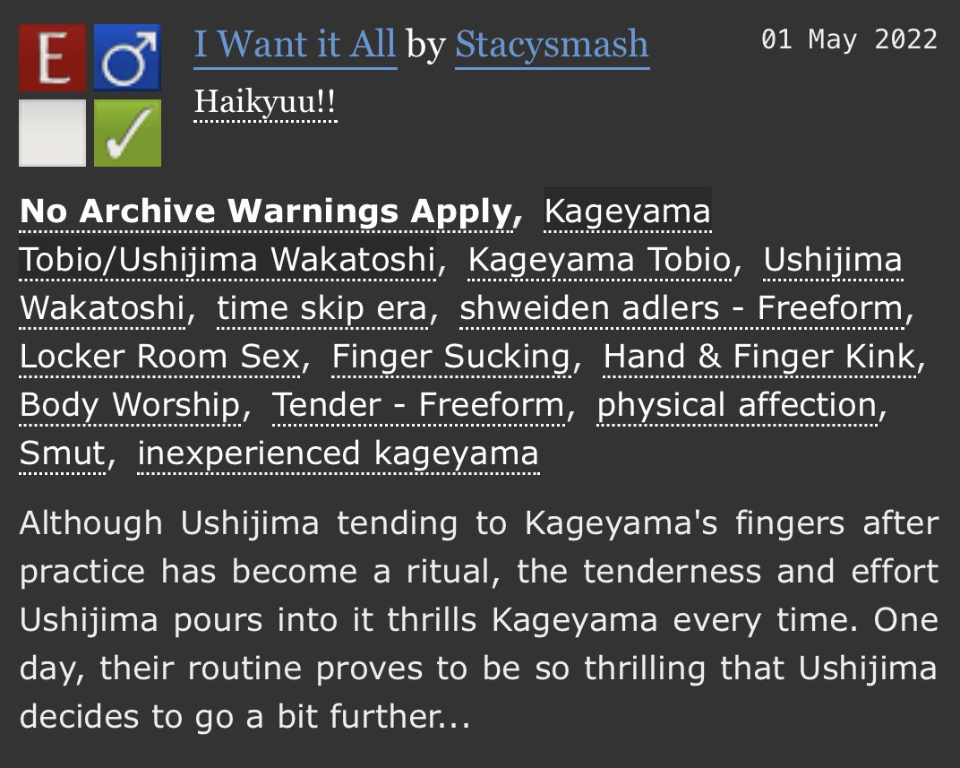 I Want It All: Ushikage
archiveofourown.org/works/38722080
My contribution to the <a href="/TooHardZine/">Too Hard? An 18+ UshiZine 🍑 PROJECT COMPLETE🍆</a>!