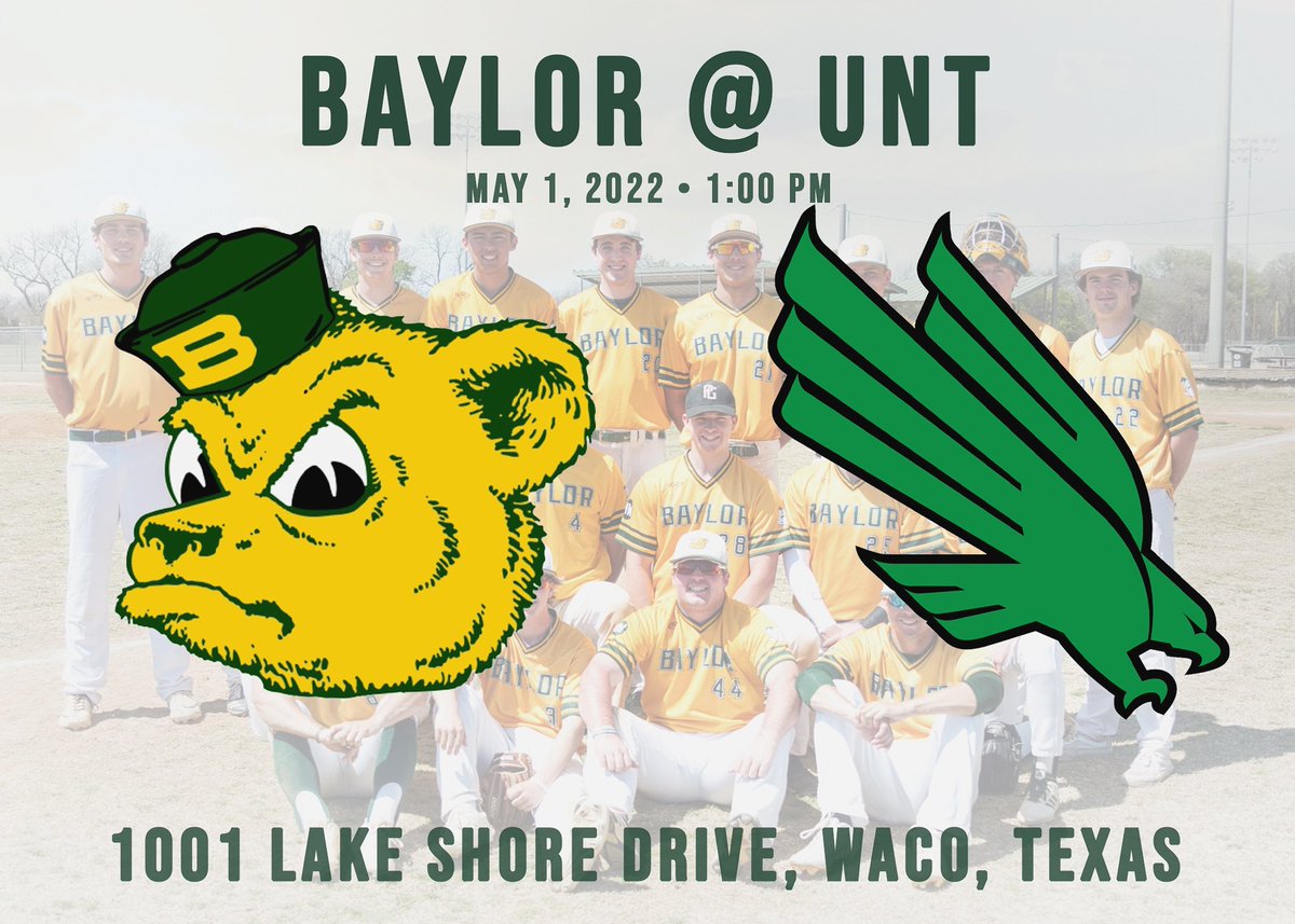 BU_ClubBaseball's tweet photo. Come support the Bears and our seniors in our final game this season against UNT.  Though this is a conference “away” game, it’s being played at our home field  in Waco, Texas!  Riverbend Ballpark, Waco, Tx
#SicEm https://t.co/yuVOWxDwW3