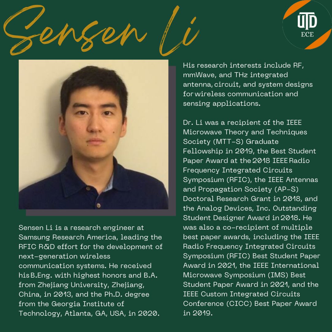 UTD_ECE's tweet photo. Get to know more about our judges
The @UTD_ECE presents #ECE Seniors and their Senior Design Projects in an Expo.

📅Friday, May 6
📍SPN: UT Design Studio
2:30 p.m. – 3:15 p.m. Open Exhibition
3:15 p.m. – 3:30 p.m. Awards Presentation
#youbelonghere #eceutd @UTDesignUTD https://t.co/ieO50TG4CE