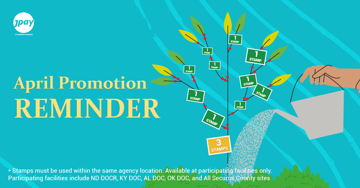 Securus_JPay's tweet image. We received overwhelming participation in April’s Stamp cost-saving promo. As a result, fulfillment of the three free stamps in the month of May is going to take a bit longer, but we are doing our best to get these to you asap. Thank you for your patience! #PromoUpdate