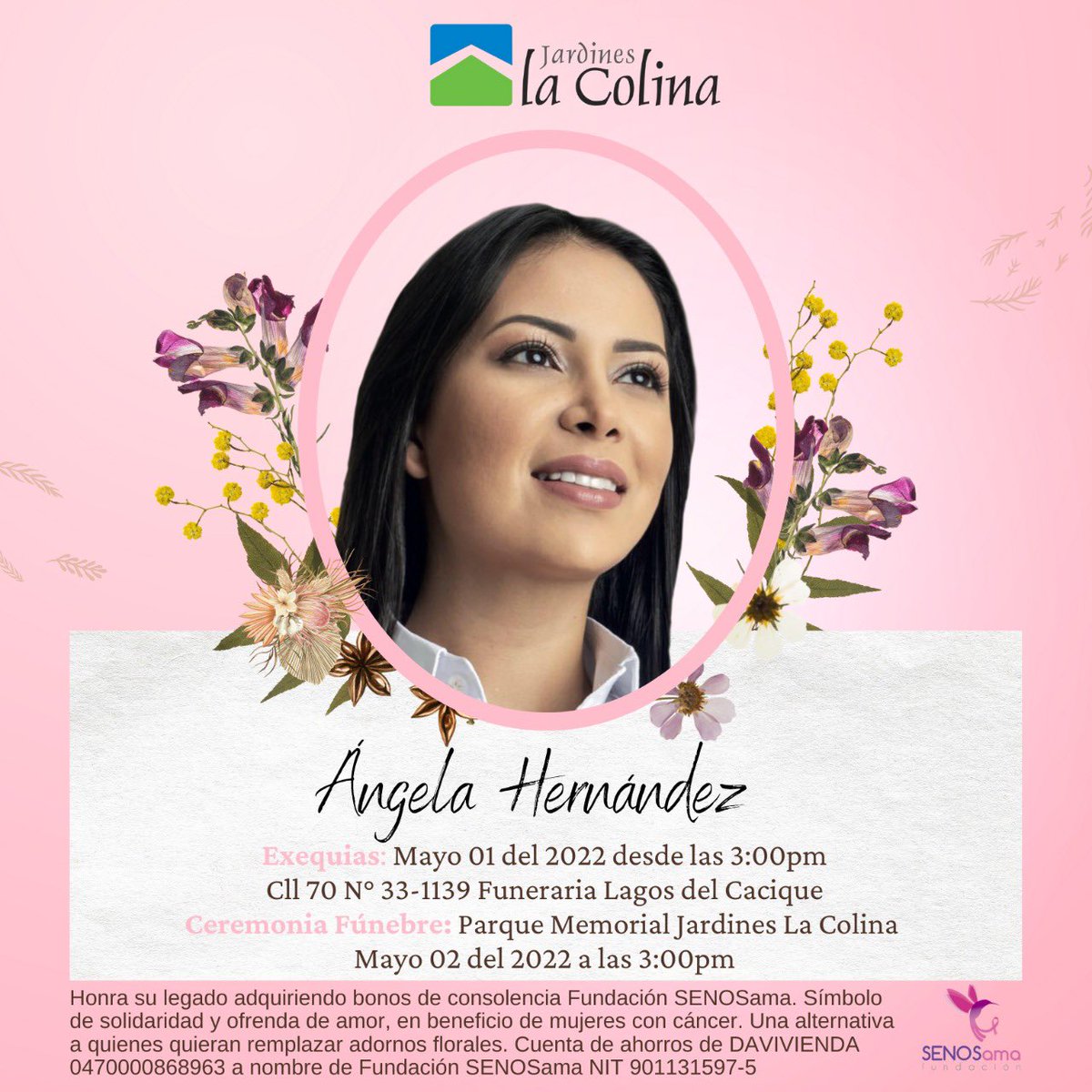 LegadoAngelaHer's tweet photo. Honra su legado adquiriendo bonos de consolencia Fundación SENOSama. Símbolo solidaridad y ofrenda de amor, en beneficio de mujeres con cáncer. Cuenta de ahorros DAVIVIENDA 0470000868963 Fundación SENOSama NIT 901131597-5 https://t.co/WQhkpJG7yp