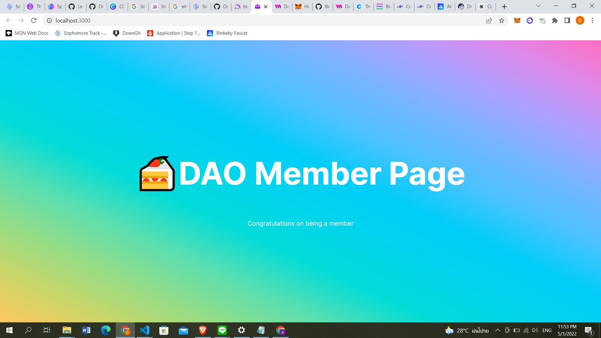 onnalindevs's tweet image. Day 44 #100DaysOfCode #web3
Today I built a DAO called FoodieDAO 🤣 It’s not completed yet, still has some bugs to fix with the NFT part. I’ve been following along the @_buildspace and @LearnWeb3DAO docs to understand more about building DAOs. I enjoyed building this a lot!