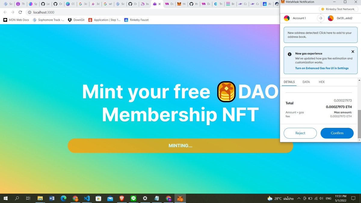 onnalindevs's tweet image. Day 44 #100DaysOfCode #web3
Today I built a DAO called FoodieDAO 🤣 It’s not completed yet, still has some bugs to fix with the NFT part. I’ve been following along the @_buildspace and @LearnWeb3DAO docs to understand more about building DAOs. I enjoyed building this a lot!