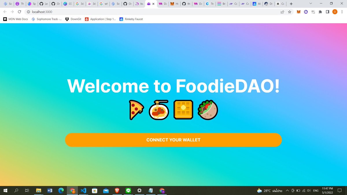 onnalindevs's tweet image. Day 44 #100DaysOfCode #web3
Today I built a DAO called FoodieDAO 🤣 It’s not completed yet, still has some bugs to fix with the NFT part. I’ve been following along the @_buildspace and @LearnWeb3DAO docs to understand more about building DAOs. I enjoyed building this a lot!