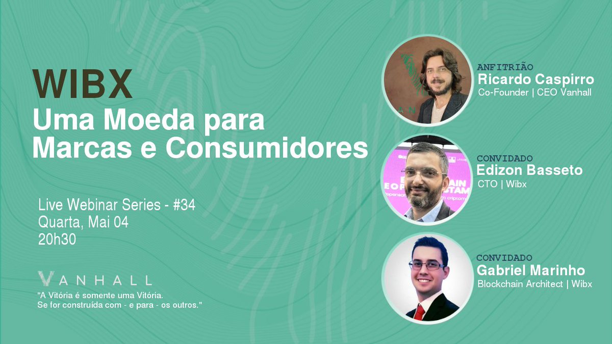 Junte-se a nós para uma live na 4f(04/05 - 20h30) com <a href="/ricardocaspirro/">Ricardo Caspirro</a> | CEO da @vanhallpay e Edizon Basseto e Gabriel Marinho da @wibx_oficial 
O primeiro utility token com usabilidade em massa na troca de produtos e serviços.
Ytube - bit.ly/3Kzz44g
#stablecoin #vanhall
