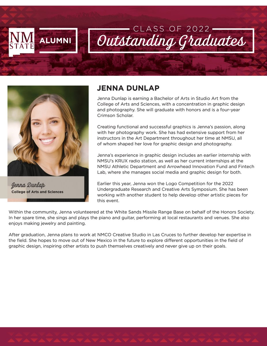 The second NMSU Outstanding Graduate in the spotlight is Jenna Dunlap. Jenna is the Spring 2022 Outstanding Graduate for the College of Arts and Sciences. Congratulations, Jenna! #nmsu #nmsualumni #OutstandingGraduate