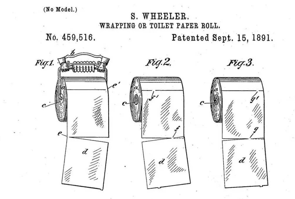 janeyellene's tweet photo. The original patent for toilet paper from 1891,
Entitled "Wrapping or toilet paper roll," Inventor Seth Wheeler of Albany New York  patented a toilet roll with tear off sheets   Also showing the correct rolling direction! https://t.co/UdOO0Afz6Y