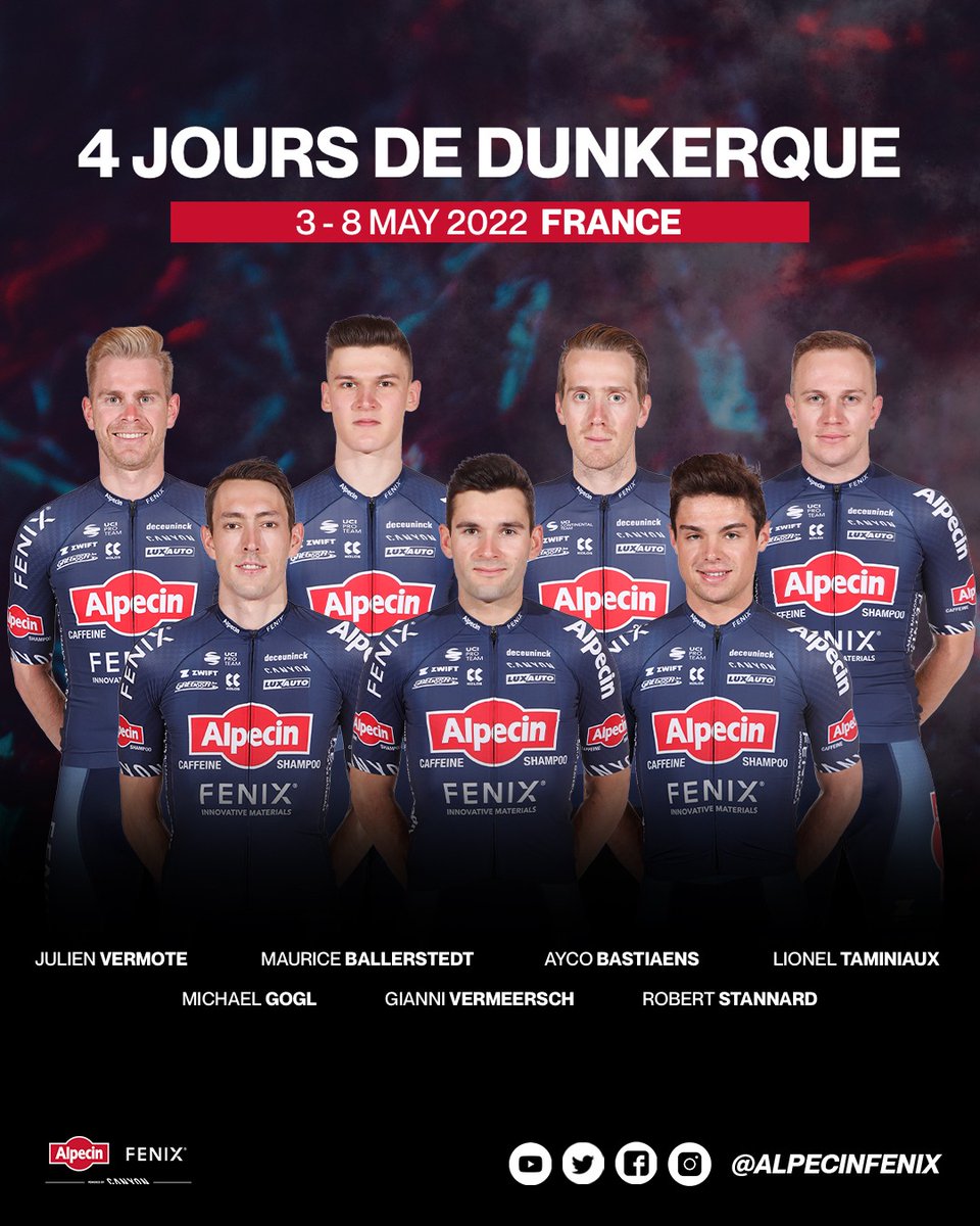 AlpecinPT's tweet photo. 🇨🇵 #4JDD

Our next race, the 4 Jours de Dunkerque, takes us to Northern France. @4JDDunkerque, à bientôt! 

Here's our lineup 🔵🔴 https://t.co/L81ylBzDze
