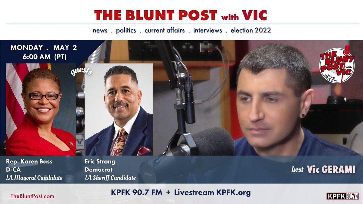 vicgerami's tweet photo. I have 2 special guests on my show tomorrow, Congresswoman & #LAMayor Candidate #KarenBass @KarenBassLA + 30-year #LASheriff Department Veteran & LA Sheriff Candidate #EricStrong @Strong4Sheriff . Tomorrow, 6AM (PT) KPFK 90.7 FM + Livestream https://t.co/8G1v3OlVQY. #VicGerami https://t.co/xcp5JeDLxA