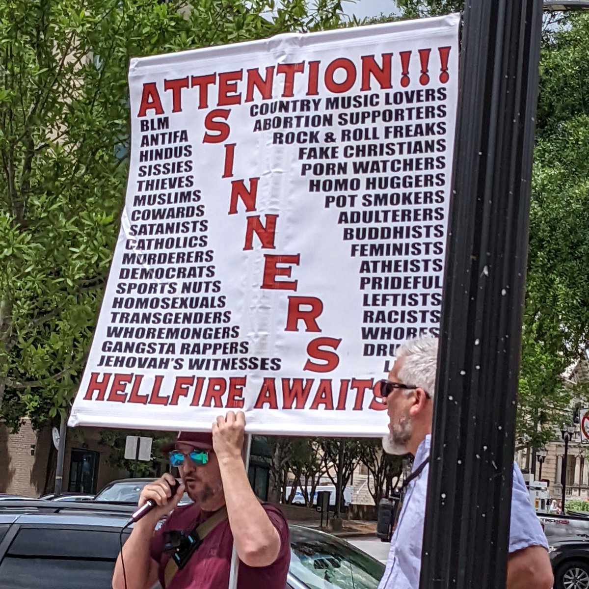Dr_Magnifico's tweet photo. Spotted outside a Democratic Party rally in downtown Athens, GA. Homeboy's head is covering "drunks" and "liars."

So, y'know...consider yourselves warned. https://t.co/tDuY4ZFnIS