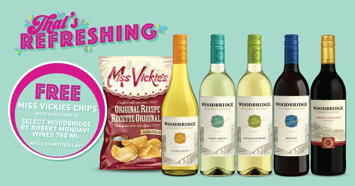 Get a FREE Bag of Miss Vickies Chips 😋 with select Woodbridge by Robert Mondavi 750ml wines (while qtys last).