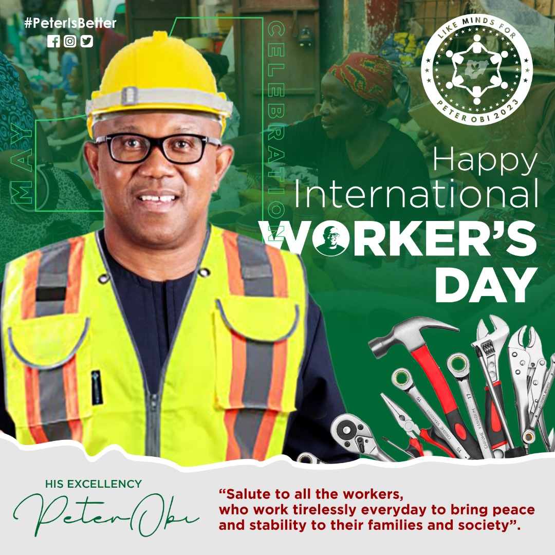 AdaMbano_'s tweet photo. Happy International WorkersDay, 

In his words,"Salute to all workers, who work tirelessly everyday to bring peace and stability to their families and Society"- Peter Obi.

I am for #PeterObi4President why not join me to restore Nigeria to the path of prosperity. https://t.co/kkce2A8Pkj
