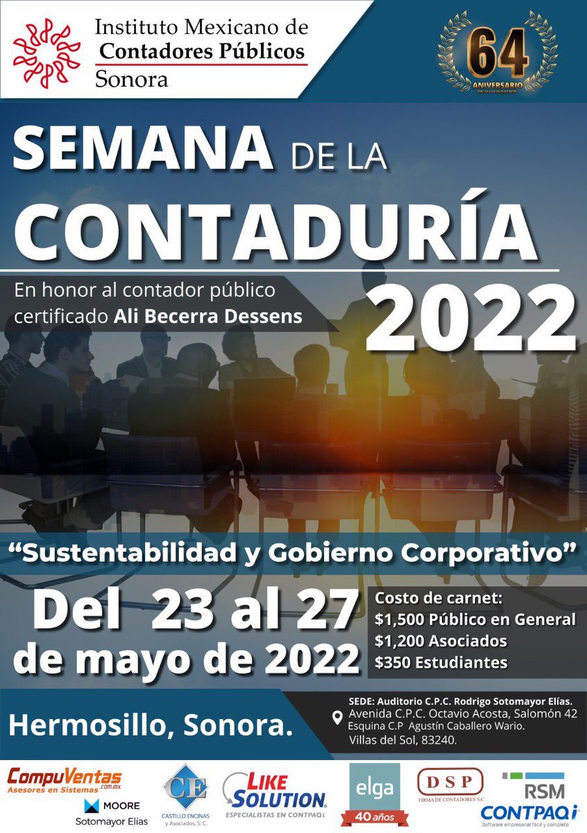 ⭕️ Los invitamos a participar en:
“La Semana de la Contaduría 2022”

🗓 del 23 al 27 de mayo.

🎖En honor:
Contador Público Certificado; 
Ali Becerra Dessens.

🔺Puntos DPC:
4 Fiscal
2 Ética 
4 Imss
2 General
4 Gubernamental 

#ApartaLaFecha
