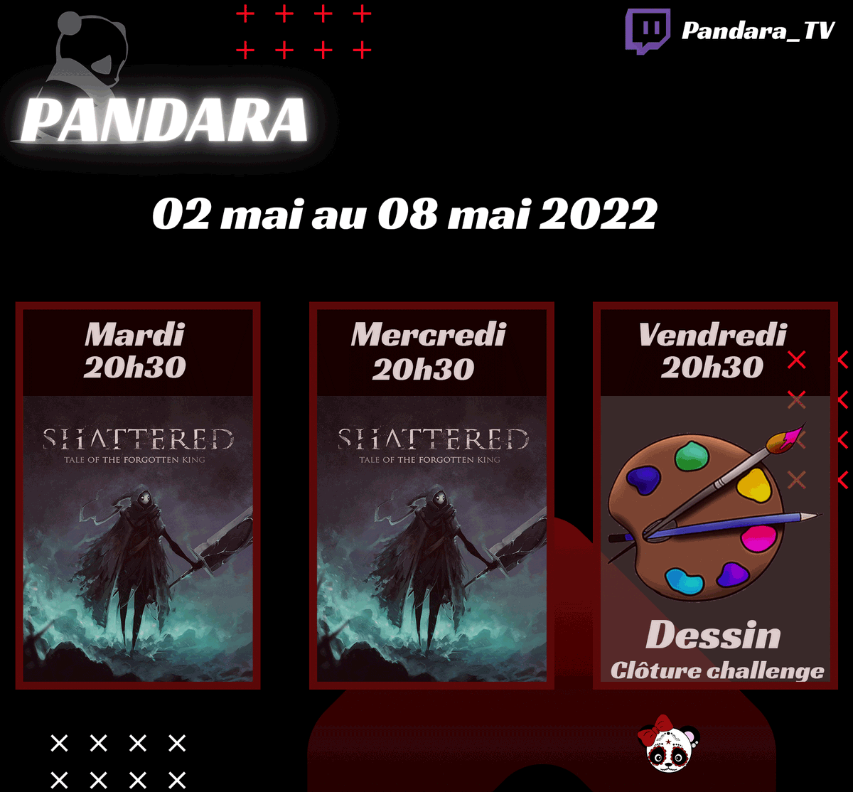 Pandara_Dark's tweet photo. Coucou,
Mardi : Suite #shatteredtaleoftheforgottenking 
Vendredi : Clôture challenge du mois d'Avril et on termine les pandastros avec le Gémeaux.
Bonne fin de week-end à tous.
Des bazous 💜💜
#TwitchStreamers #twitchfr #arttwitch #twitchart https://t.co/ZHzMqZI3bz