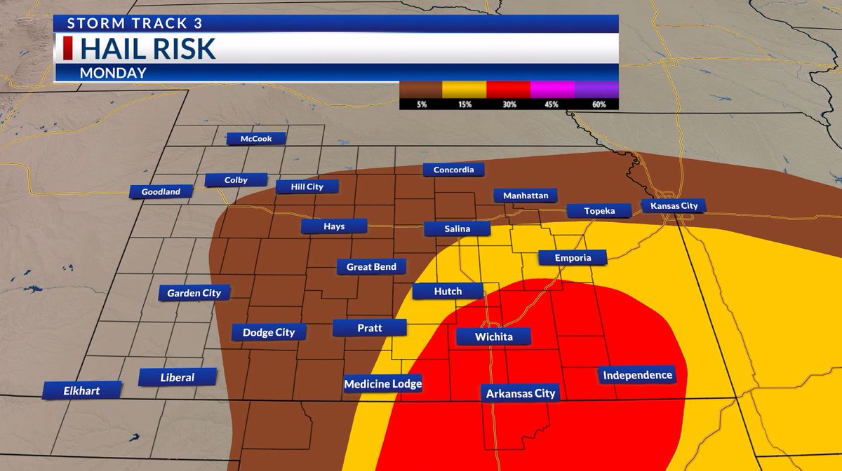 LisaTeachman's tweet photo. ⚠️ SEVERE RISK: All forms of severe weather including isolated significant tornadoes &amp; large hail starting MONDAY afternoon. Enhanced Risk (orange) over SC/SW KS. Look at higher chances for tornadoes, hail with a computer model simulation at 6PM. @KSNNews @KSNStormTrack3 #kswx https://t.co/hzbW28PZsh