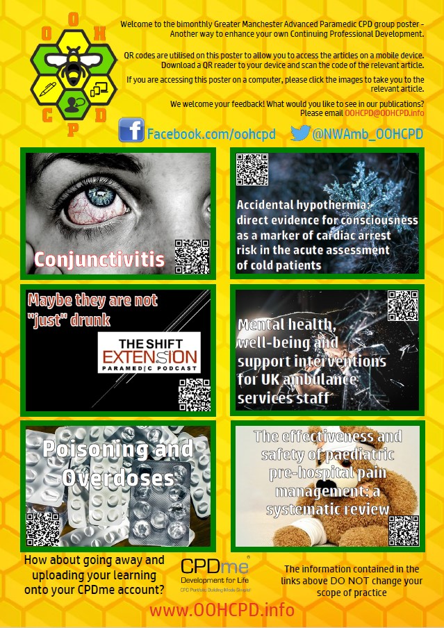 It's the 1st of May which means... new poster time!

With articles and podcasts from <a href="/geekymedics/">Geeky Medics</a> @SJTREM <a href="/SecondarySurvey/">The Secondary Survey</a> <a href="/_theBPJ_/">theBPJ</a> <a href="/ParamedicsUK/">College of Paramedics</a> &amp; theshiftextension.org

Download a copy here - cutt.ly/oohcpd_May22
 
Remember to log your learning via the new @CPDme app