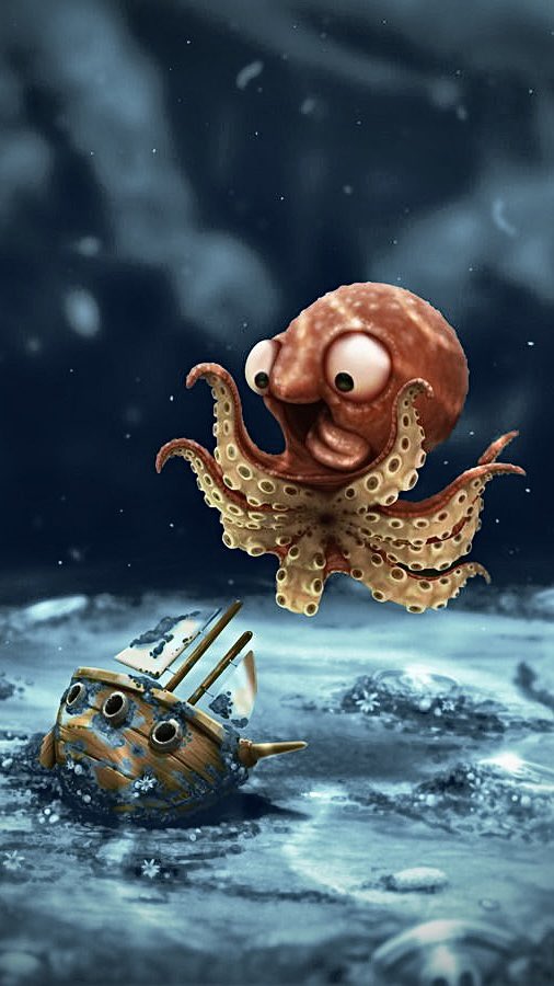 cartoon graphic of a baby octopus jumping on ship underwater