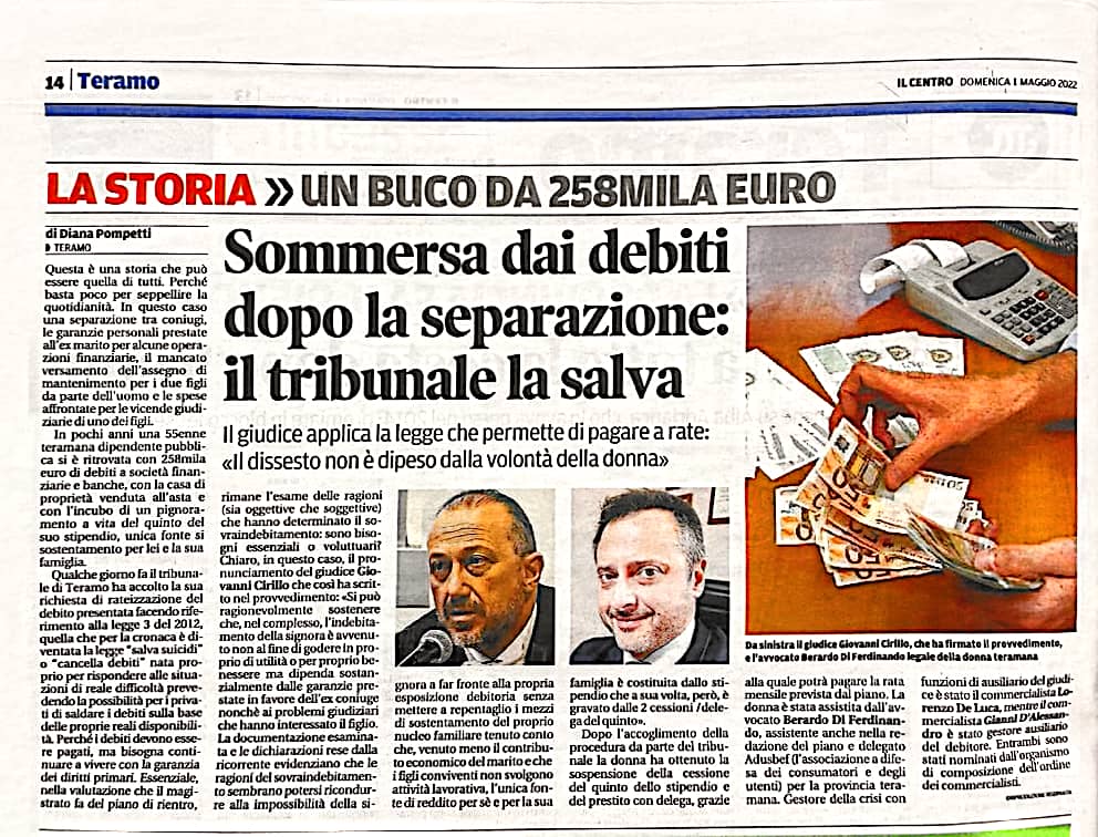 avvdiferdinando's tweet photo. Non ci fermiamo, sempre in difesa di chi è in difficoltà. Buona lettura a tutti (dal quotidiano "Il Centro" del 01/05/2022 © Diana Pompetti) #sovraindebitamento #antisuicidi #legge3 #salvasuicidi #avvocatodiferdinando #crisidimpresa #esdebitazione #berardodiferdinando https://t.co/j7MrkNJJNw