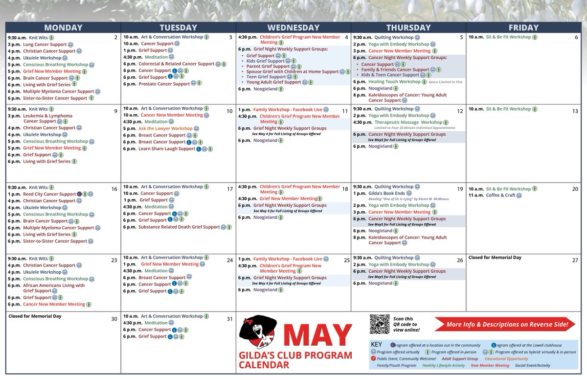 Happy May Day! There's a lot happening at Gilda's Club this month - with a variety of in-person, virtual and hybrid options available. Check out our program offerings at gildasclubgr.org/calendar.