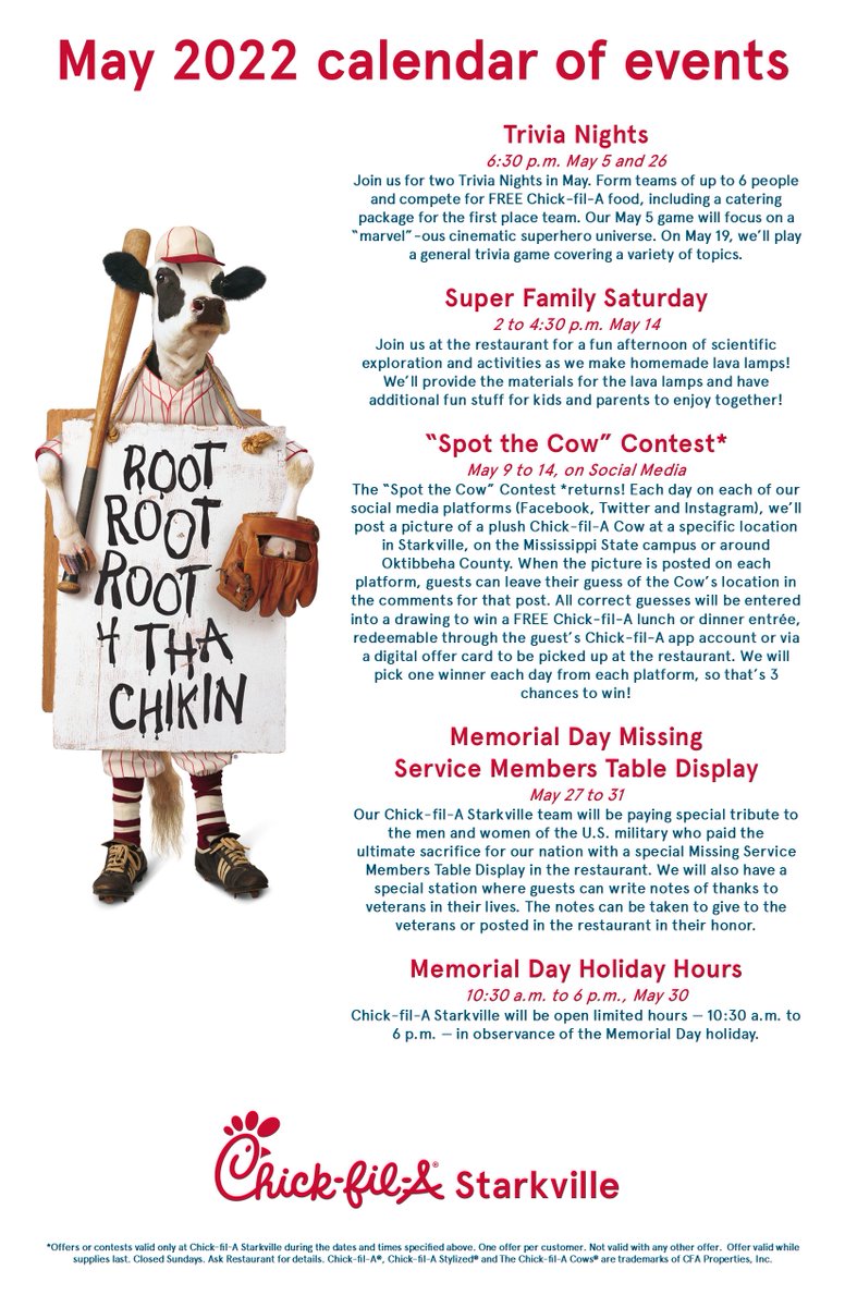 It's a new month, so "May" we invite you to Chick-fil-A Starkville? We've got a great month of events planned at the restaurant and in the community, so come on by and hang out with us! We'd love to see you!