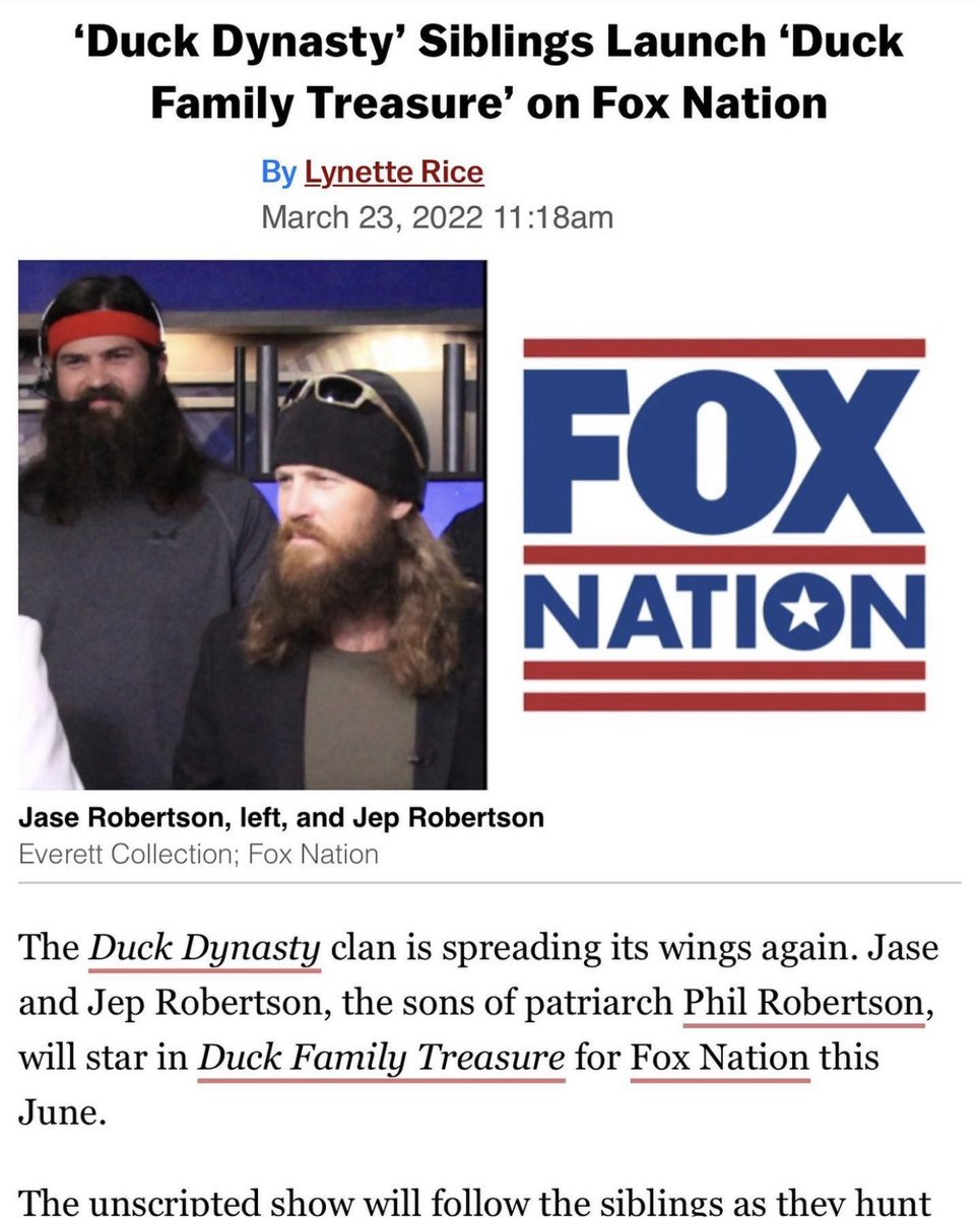 The news is out y’all! It’s been so good getting to spend more time with my brother and call it work. Can’t wait for y’all to see what we find this season! 

#DuckFamilyTreasure coming this June! #foxnation <a href="/JaseDuckman/">Jase Robertson</a> <a href="/JessicaDuckWife/">Jessica Robertson</a> <a href="/foxnation/">Fox Nation</a>