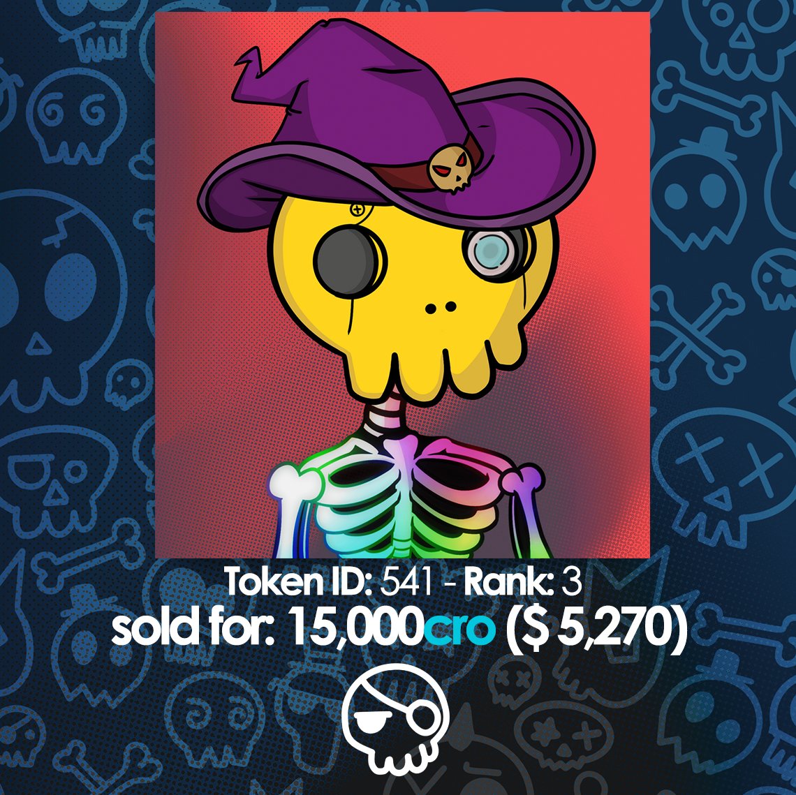 CroskullNFT's tweet photo. SALE OF THE DAY! π₯
Rank #3 sold for 15000 #cro!
#CroSkull #cronosNFT #crofam #cronos #skullvolution https://t.co/Z1sGnVOsou