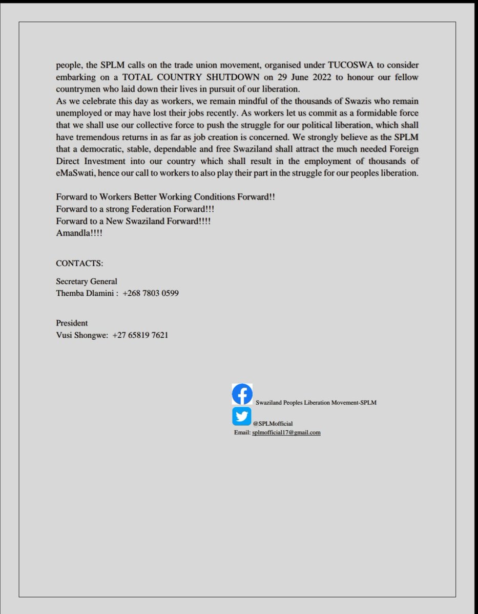 SPLMofficial's tweet photo. SPLM May Day 2022 statement. #MayDay2022 
#SPLMyemaSwati 
#EmaSwatiAtalibusa https://t.co/XJkGA5iGmr