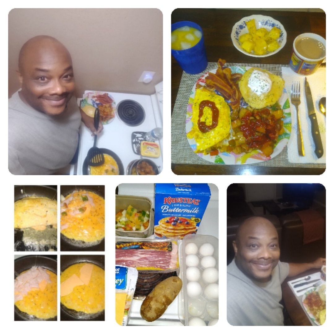Sunday Morning Breakfast Is Served

Turkey omelette W/ Onions, Bell Peppers and Extra Cheese

5 Pieces of Bacon

Smothered Potatoes W/ Onions and Bell Peppers

2 Buttermilk Pancakes W/ Margarine and Syrup

Pineapple Diced

A cup of Coffee and Orange Juice to wash it all down!