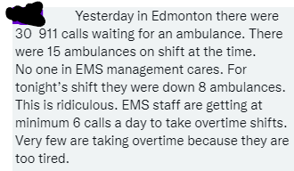 AB_EMS_War_Room's tweet photo. From the DMs: 
30 calls WAITING for an ambulance to come. Imagine being #2-30!? THIS IS NOT OKAY. THIS IS NOT SUSTAINABLE!  Why are we struggling with staffing? not because there is no one to work - it bcuz mgmt is burning out every.single.medic we have, unapologetically! 
#ableg https://t.co/lnwVjQVrMg