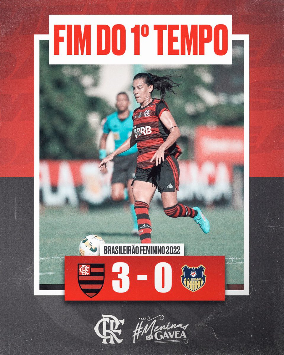 Flamengo's tweet photo. FIM DO PRIMEIRO TEMPO! 

Com gols de Leidiane (2) e Maria Alves, o Mengão vai vencendo a ESMAC por 3 a 0! #MeninasDaGávea #VamosFlamengo https://t.co/pcaWUjVsMJ