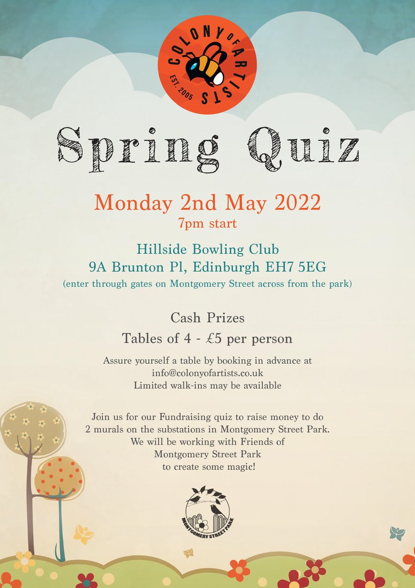 colonyofartists's tweet photo. Why not end the bank holiday weekend by coming along to our Spring Quiz tomorrow night, Mon 2nd May?  Co-hosted by @Fo_MSP to raise funds for murally magic at the park!

7:00pm, Hillside Bowling Club (across from the park). Book: info@colonyofartists.co.uk.  Spaces limited.
🐝🐝 https://t.co/1qnFsNOaRi