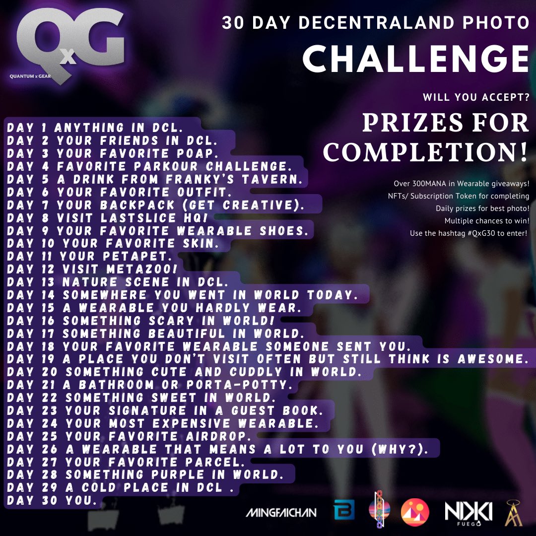 RT QuantumXe487: 🚨 HERE WE GO! 🚨  #QxG is hosting a 30 Day @decentraland Photo challenge! 😱  Over 350 MANA in wearable prizes and raffle giveaways! 🤯  Daily chances to win and the prizes evolve over time!!! 🧵: [twitter.com] [pbs.twimg.com]