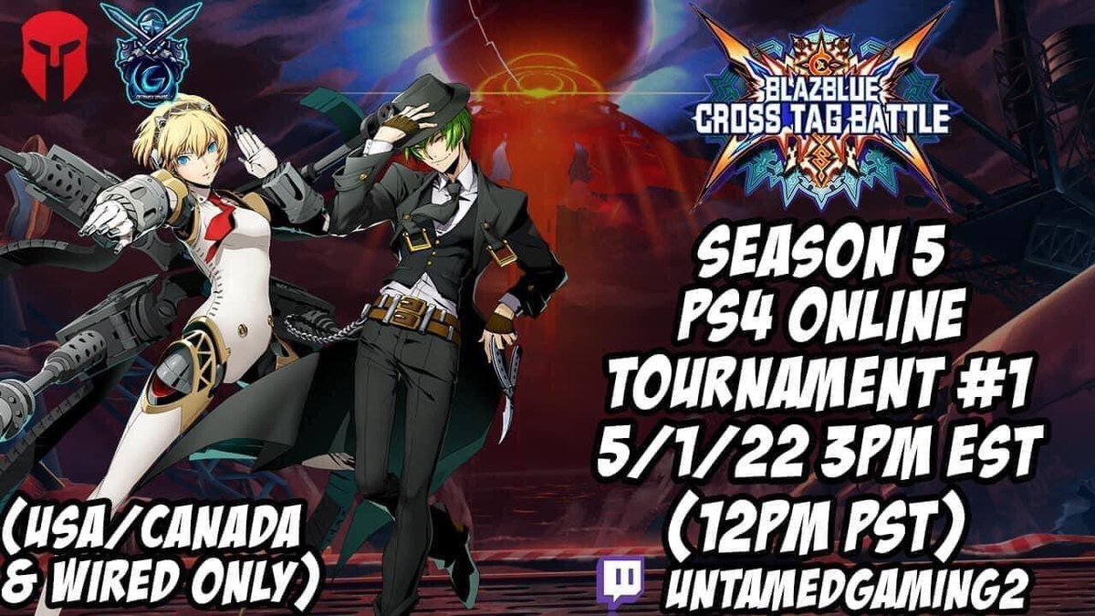 UntamedGaming2's tweet photo. LIVE!

BlazBlue Cross Tag Battle Season 5 PS4 Online Tournament #1 5/1/22 (USA/Canada &amp; Wired Only) 3pm EST (12pm PST) Hosted By: UG

Stream: https://t.co/S4pf79mjMh

Matcherino: https://t.co/iXfTwgGgT1

UG Discord: https://t.co/QWgM6hgr9I https://t.co/RkR2BSE2mj