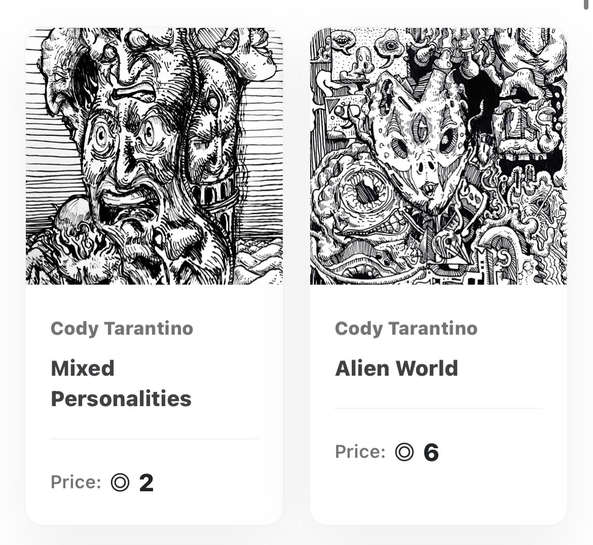 codytarantino's tweet photo. With the last two physical backed NFT’s on the Cody Tarantino collection, I’ve decided whoever purchases either will also receive a free copy of my book + extra artwork! I appreciate all my supporters, and by doing physical backed NFT’s, it allows me give more to art appreciators https://t.co/CM01fJJ8TW