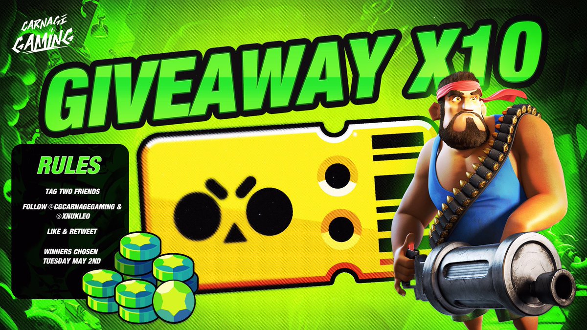 Los Angeles (@cgcarnagegaming) on Twitter photo 🚨 <a href="/BrawlStars/">Brawl Stars</a> Game Pass Give Away!
10x Passes!!!
Rules:
- Follow <a href="/CGCarnageGaming/">Los Angeles</a> & <a href="/xNUKLEO/">CG | Nukleo</a>
- Tag Two Friends
- Like & Retweet
Let’s see who wins! Winners decided Tuesday! Don’t miss out! Four lucky winners will get some Gems as well! #BrawlStars 🚨 <a href="/BrawlStars/">Brawl Stars</a> Game Pass Give Away!
10x Passes!!!
Rules:
- Follow <a href="/CGCarnageGaming/">Los Angeles</a> & <a href="/xNUKLEO/">CG | Nukleo</a>
- Tag Two Friends
- Like & Retweet
Let’s see who wins! Winners decided Tuesday! Don’t miss out! Four lucky winners will get some Gems as well! #BrawlStars