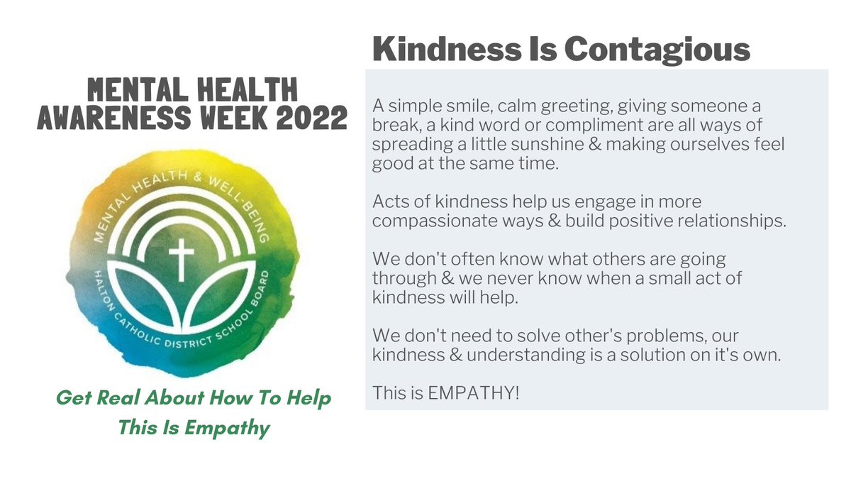 HCDSB_MHWB's tweet photo. We don't often know what others are going through &amp; we never know when a small act of 𝓀𝒾𝓃𝒹𝓃𝑒𝓈𝓈 will help. Why is it important to spread kindness at school and in life? https://t.co/6BK7MlrWRW #HCDSBMentalHealthWeek #ThisIsEmpathy @GBrown64 @StephanyBalogh @SMHO_SMSO https://t.co/d2efwW1vv6