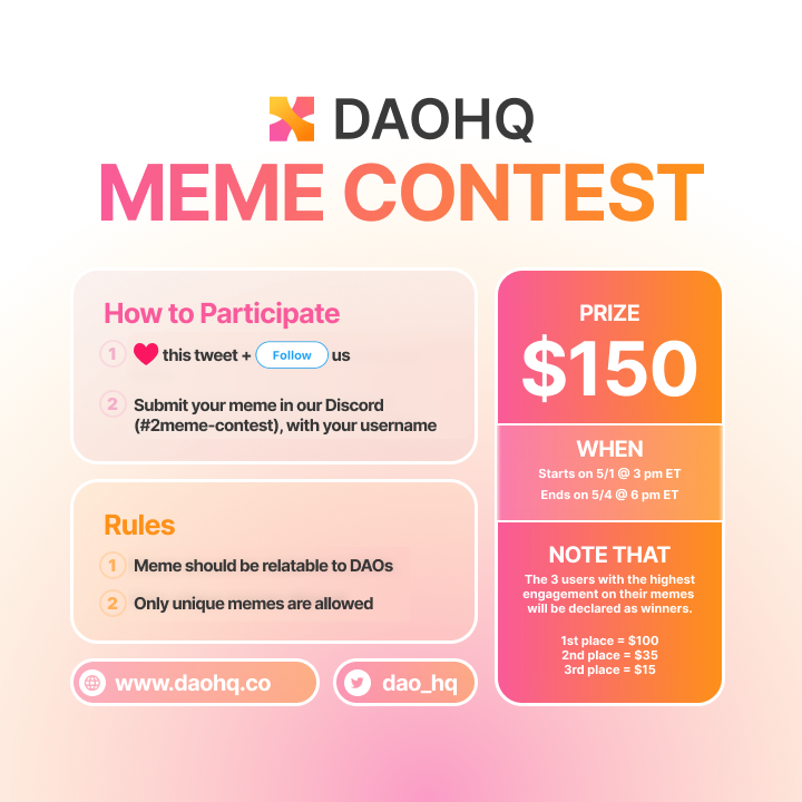 dao_hq's tweet photo. 💸🫰 DAOHQ Meme Contest v2
$150 USD Prize! https://t.co/bTsUxYgl51