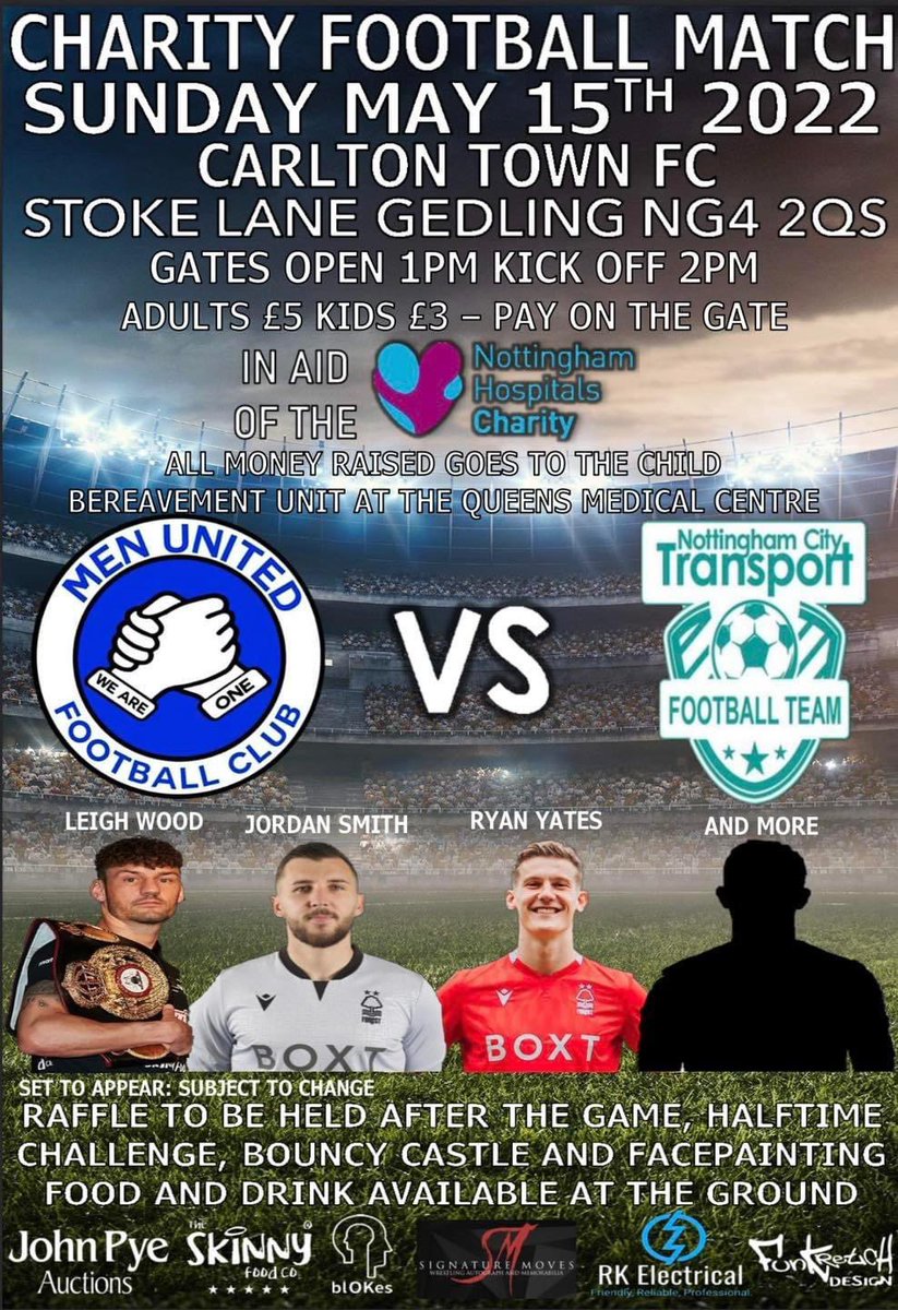 NCT_Buses's tweet photo. On Sunday 15th May, our football team are playing @menunited_fc to raise money for @NUHCharity and the Child Bereavement Unit.

Kick off at 2pm at @CTFC1904’s Ground on Stoke Lane, #Gedling.

£5 Adults, £3 Kids on the gate. https://t.co/yuIm7baWf1